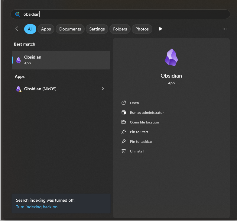 Obsidian Applications in Windows Search